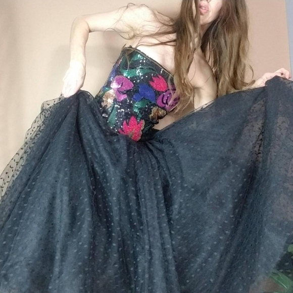 Vintage 80s Party Ball Gown Sequins Tulle - Picture 4 of 8